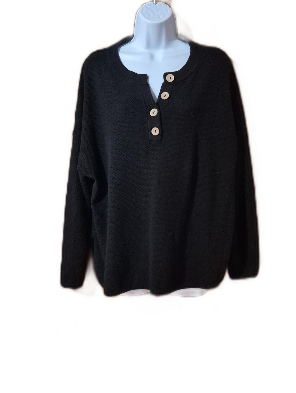 Lillusory Black Over Size Drop- Shoulder Slouchy Henley Knitted Pullover Sweater